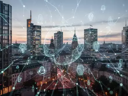 Abstraktes digitales Netzwerk mit KI-Symbolen über moderner deutscher Stadtsilhouette in der Dämmerung, das Technologie, KI und Startup-Wachstum darstellt. - Foto: über boerse-global.de