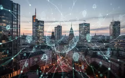Abstraktes digitales Netzwerk mit KI-Symbolen über moderner deutscher Stadtsilhouette in der Dämmerung, das Technologie, KI und Startup-Wachstum darstellt. - Foto: über boerse-global.de