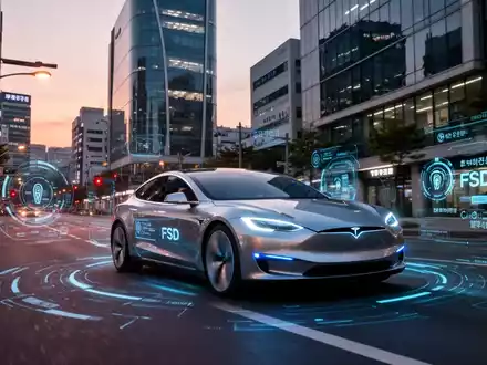 Ein Tesla fährt auf einer Straße in einer südkoreanischen Stadt, mit digitalen Elementen, die seine Full-Self-Driving-Software zeigen. - Foto: über boerse-global.de