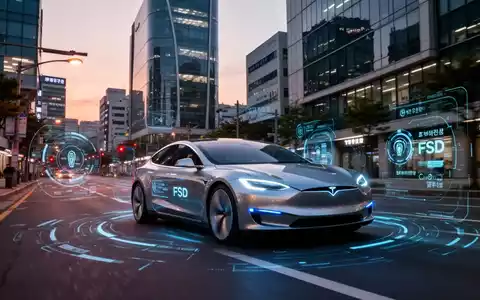 Ein Tesla fährt auf einer Straße in einer südkoreanischen Stadt, mit digitalen Elementen, die seine Full-Self-Driving-Software zeigen. - Foto: über boerse-global.de