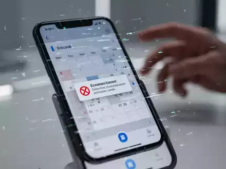 Smartphone-Bildschirm mit Kalender-App und Fehlermeldung, digitale Störungen, verschwommene Hand greift danach. - Foto: über boerse-global.de