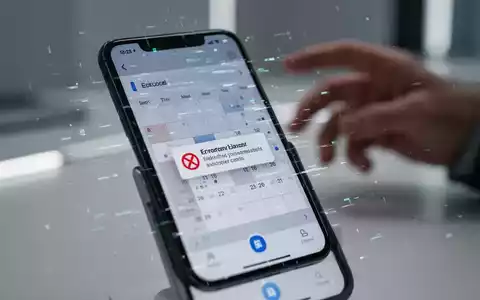 Smartphone-Bildschirm mit Kalender-App und Fehlermeldung, digitale Störungen, verschwommene Hand greift danach. - Foto: über boerse-global.de