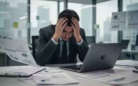 Eine gestresste Person in einem modernen BĂŒro, die den Kopf in den HĂ€nden hĂ€lt, umgeben von verschwommenen Dokumenten und einem Laptop. - Foto: ĂŒber boerse-global.de
