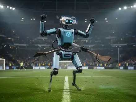 Ein großer, metallischer Boston Dynamics Atlas Roboter führt auf einem grünen Fußballfeld unter hellem Licht eine 'Viking Row' aus. - Foto: über boerse-global.de