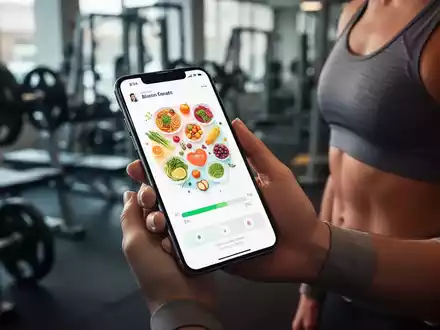Ein Smartphone zeigt eine Abnehm-App mit Essenssymbolen und Fortschrittsbalken, gehalten von einer Person in Sportkleidung. - Foto: über boerse-global.de