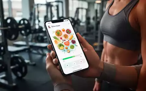 Ein Smartphone zeigt eine Abnehm-App mit Essenssymbolen und Fortschrittsbalken, gehalten von einer Person in Sportkleidung. - Foto: über boerse-global.de
