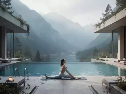Ein ruhiges Wellness-Resort mit Pool und Bergblick. Eine Person macht Yoga am Poolrand. Moderne Architektur, sanftes Licht. - Foto: über boerse-global.de