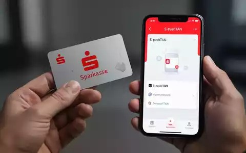 Eine Hand hält eine Sparkassen-Bankkarte mit neuem Design neben einem Smartphone, das die S-pushTAN-App anzeigt, symbolisch für digitale Zahlungsänderungen. - Foto: über boerse-global.de