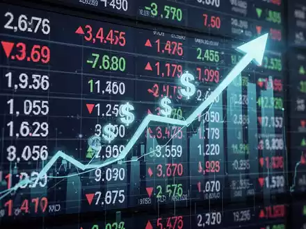 Ein Börsenticker zeigt Finanzdaten mit einem Aufwärtstrend, überlagert von einem Pfeil und Dollarzeichen, die Wachstum symbolisieren. - Foto: über boerse-global.de