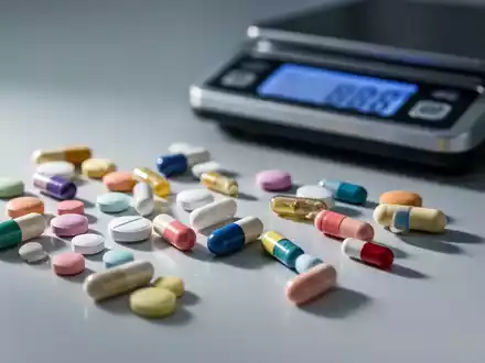 Verschiedene pharmazeutische Pillen und Kapseln liegen auf einer sterilen Oberfläche, im Hintergrund eine unscharfe digitale Waage. - Foto: über boerse-global.de