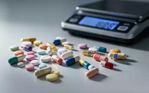 Verschiedene pharmazeutische Pillen und Kapseln liegen auf einer sterilen Oberfläche, im Hintergrund eine unscharfe digitale Waage. - Foto: über boerse-global.de
