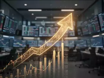 Eine stilisierte, aufwärts gerichtete Pfeilgrafik aus Finanzdaten vor einem verschwommenen Hintergrund eines modernen Handelsraums. - Foto: über boerse-global.de