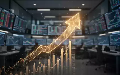 Eine stilisierte, aufwärts gerichtete Pfeilgrafik aus Finanzdaten vor einem verschwommenen Hintergrund eines modernen Handelsraums. - Foto: über boerse-global.de