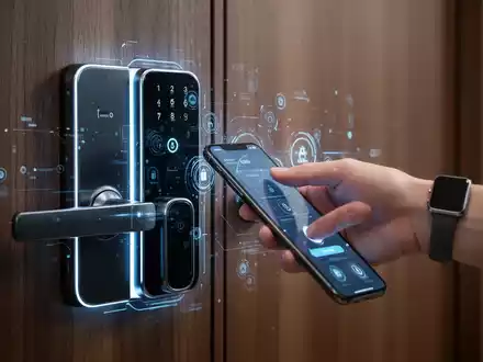 Moderne Smart-Lock an Holztür, Hand mit Apple Watch oder iPhone nähert sich, zeigt Smart-Home-Integration. - Foto: über boerse-global.de
