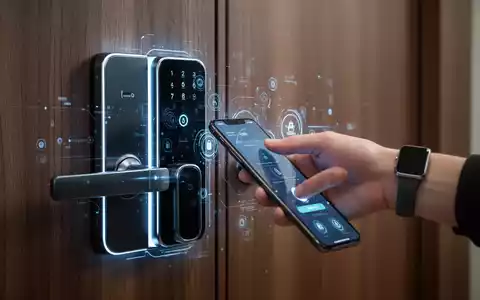 Moderne Smart-Lock an Holztür, Hand mit Apple Watch oder iPhone nähert sich, zeigt Smart-Home-Integration. - Foto: über boerse-global.de