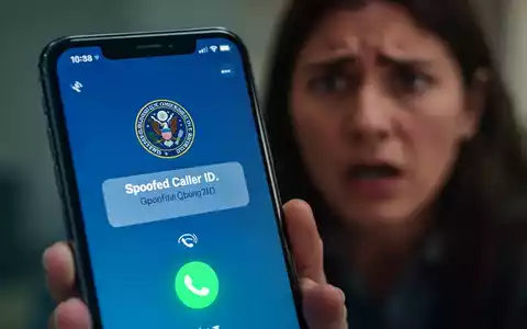 Smartphone-Bildschirm mit gefälschter Anrufer-ID, unscharfer Hintergrund einer besorgten Person. - Foto: über boerse-global.de