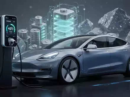Ein futuristisches Elektroauto wird an einer Ladestation geladen, die eine erhöhte Reichweite anzeigt. - Foto: über boerse-global.de