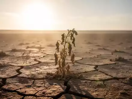 Eine ausgetrocknete, rissige Erde unter einer sengenden Sonne mit einer welken Pflanze im Vordergrund, die die Dürre symbolisiert. - Foto: über boerse-global.de