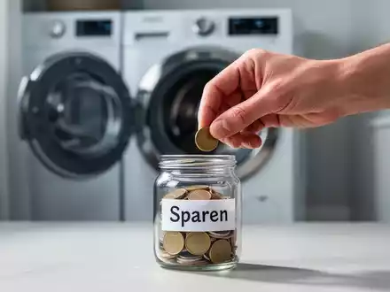 Eine Hand legt Münzen in ein Sparschwein, mit einem modernen Haushaltsgerät im unscharfen Hintergrund, symbolisiert Sparen und Effizienz. - Foto: über boerse-global.de