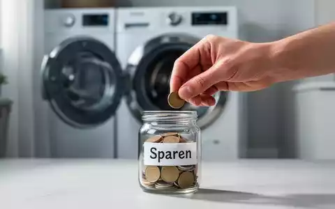 Eine Hand legt Münzen in ein Sparschwein, mit einem modernen Haushaltsgerät im unscharfen Hintergrund, symbolisiert Sparen und Effizienz. - Foto: über boerse-global.de