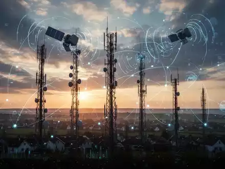 Mobilfunkmasten vor dramatischem Himmel mit digitalen Überlagerungen, die Daten und Satellitensignale symbolisieren, für fortschrittliche Netzwerksensorik. - Foto: über boerse-global.de