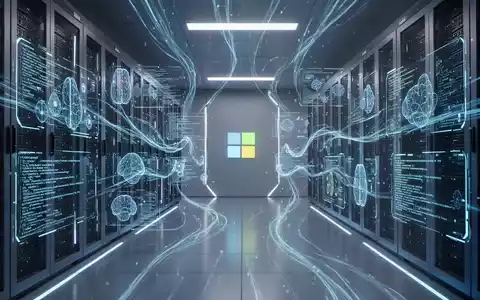 Futuristischer Serverraum mit blauem Licht, holografischen Displays mit KI-Modellen und integriertem Microsoft-Branding, das fortschrittliche KI symbolisiert. - Foto: über boerse-global.de