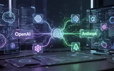 Schlanker, futuristischer digitaler Arbeitsplatz mit vernetzten KI-Anwendungen und Datenflüssen, symbolisiert Wettbewerb in generativer KI. - Foto: über boerse-global.de