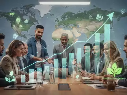 Kleine Unternehmer mit digitalen Overlays zu Finanzwachstum und Umweltsymbolen vor Weltkarte. - Foto: über boerse-global.de