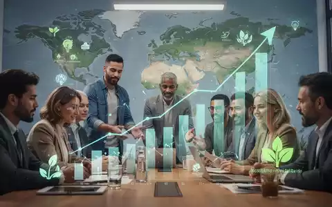 Kleine Unternehmer mit digitalen Overlays zu Finanzwachstum und Umweltsymbolen vor Weltkarte. - Foto: über boerse-global.de