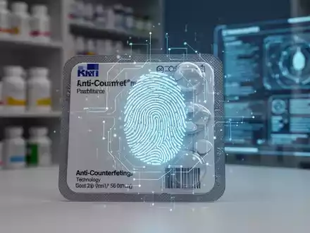 Nahaufnahme einer Pharmaverpackung mit leuchtendem digitalem Fingerabdruck als Fälschungsschutz. Medikamentenregale im Hintergrund unscharf. - Foto: über boerse-global.de