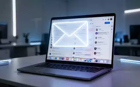 Leuchtendes E-Mail-Symbol über einem Laptop mit organisiertem Posteingang, symbolisiert neue Outlook-Funktionen für Windows. - Foto: über boerse-global.de
