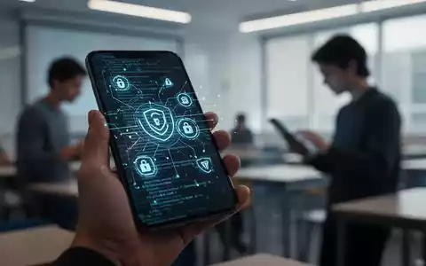 Eine Hand hält ein Smartphone mit Sicherheitssymbolen und Code auf dem Bildschirm, im Hintergrund eine verschwommene Person mit Tablet. - Foto: über boerse-global.de