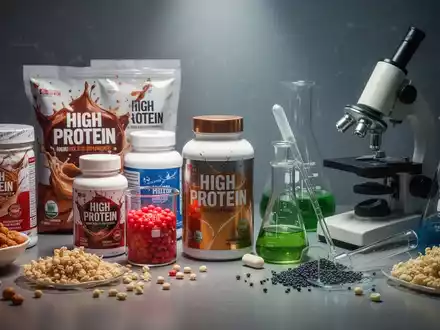 Eine Anordnung von proteinreichen Lebensmitteln und Nahrungsergänzungsmitteln neben Laborgeräten, die Marketing und Wissenschaft verbinden. - Foto: über boerse-global.de