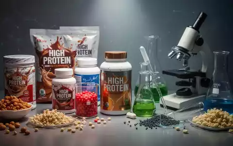 Eine Anordnung von proteinreichen Lebensmitteln und Nahrungsergänzungsmitteln neben Laborgeräten, die Marketing und Wissenschaft verbinden. - Foto: über boerse-global.de