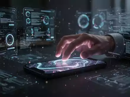 Eine Hand greift nach einem leuchtenden Smartphone in einem dunklen Raum, umgeben von verschwommenen digitalen Schnittstellen. - Foto: über boerse-global.de