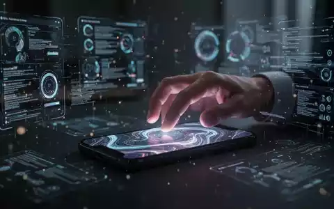 Eine Hand greift nach einem leuchtenden Smartphone in einem dunklen Raum, umgeben von verschwommenen digitalen Schnittstellen. - Foto: ĂŒber boerse-global.de