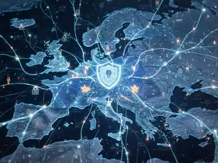 Abstrakte Darstellung von KI- und Cybersicherheitsnetzwerken über einer stilisierten Europakarte, die die digitale Souveränität der EU symbolisiert. - Foto: über boerse-global.de