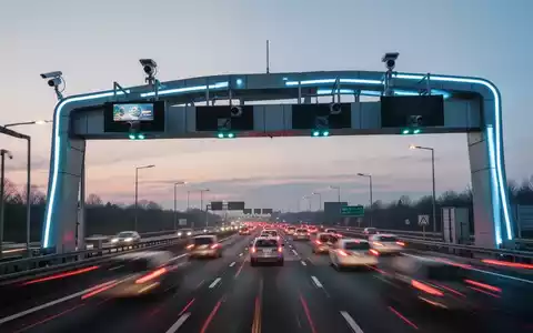 Eine moderne Mautbrücke über einer Autobahn bei Dämmerung in Belgien, mit vorbeifahrenden Autos und digitalen Kameras. - Foto: über boerse-global.de