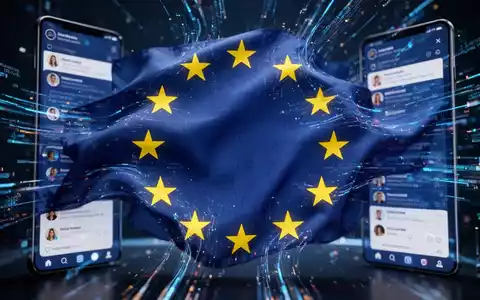 EU-Flagge mit digitalen Datenströmen, Symbol für den Digital Services Act und seine Auswirkungen auf soziale Medien. - Foto: über boerse-global.de