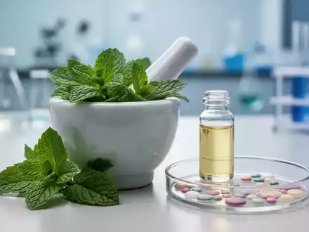 Eine Nahaufnahme zeigt Pfefferminzblätter, Pfefferminzöl und Probiotika in einer Laboreinstellung, die natürliche Heilmittel darstellt. - Foto: über boerse-global.de