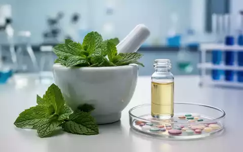 Eine Nahaufnahme zeigt Pfefferminzblätter, Pfefferminzöl und Probiotika in einer Laboreinstellung, die natürliche Heilmittel darstellt. - Foto: über boerse-global.de