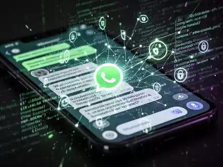 Ein Smartphone-Bildschirm zeigt einen WhatsApp-Chat mit leuchtenden, komplexen Codezeilen und digitalen Sicherheitssymbolen, die auf einen Cyberangriff hinweisen. - Foto: über boerse-global.de