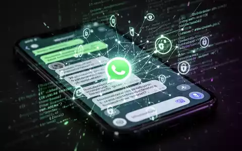 Ein Smartphone-Bildschirm zeigt einen WhatsApp-Chat mit leuchtenden, komplexen Codezeilen und digitalen Sicherheitssymbolen, die auf einen Cyberangriff hinweisen. - Foto: über boerse-global.de