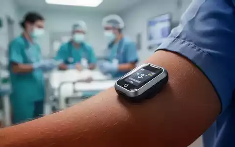 Nahaufnahme eines modernen kontinuierlichen Glukosemessgeräts am Arm, im Hintergrund verschwommenes medizinisches Personal. - Foto: über boerse-global.de