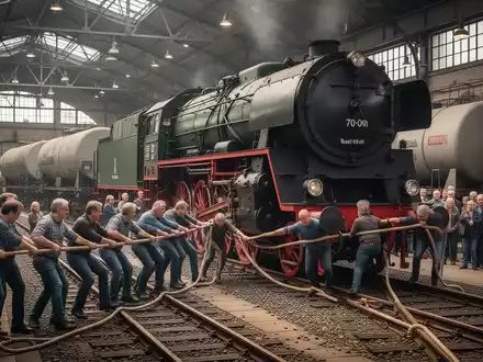 Eine Menschengruppe zieht gemeinsam eine historische Diesellokomotive und zwei Kesselwagen auf Gleisen in einem Museum. - Foto: über boerse-global.de