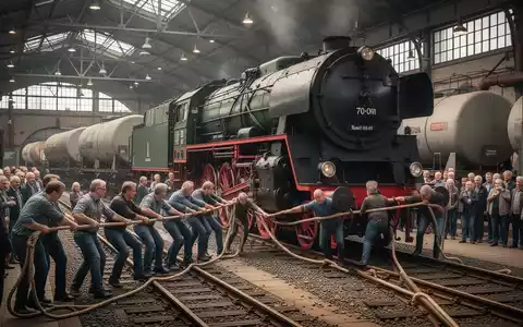 Eine Menschengruppe zieht gemeinsam eine historische Diesellokomotive und zwei Kesselwagen auf Gleisen in einem Museum. - Foto: über boerse-global.de