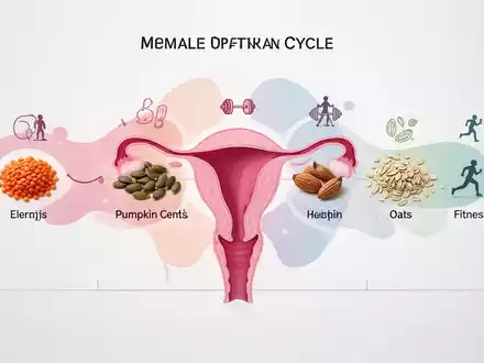 Eine abstrakte Darstellung des weiblichen Menstruationszyklus mit Symbolen für Ernährung und Sport in verschiedenen Phasen. - Foto: über boerse-global.de