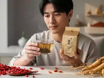 Eine junge Person hält ein TCM-Produkt oder Kräutertee. Im Hintergrund sind verschwommen traditionelle chinesische Kräuter zu sehen. - Foto: über boerse-global.de