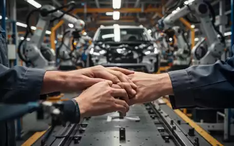 Hände eines Arbeiters auf einem Fließband in einer Automobilfabrik, im Hintergrund verschwommene Industriemaschinen. - Foto: über boerse-global.de