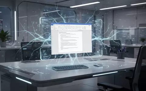 Holografische Schnittstelle mit einem Microsoft Word-Dokument und KI-Neuronalnetz-Mustern auf einem minimalistischen Schreibtisch. - Foto: über boerse-global.de